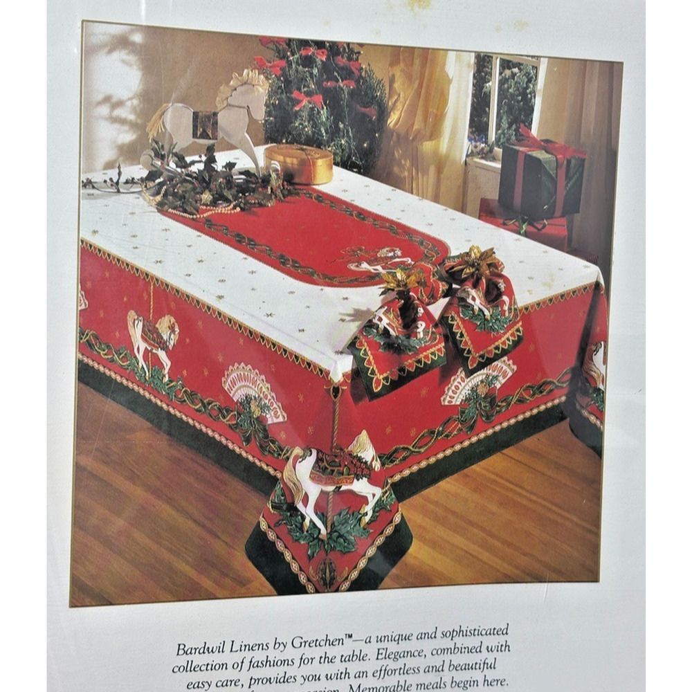 Vtg Bardwil Christmas Tablecloth Napkins Oblong‎ 52X70 Horse Victorian Tidings